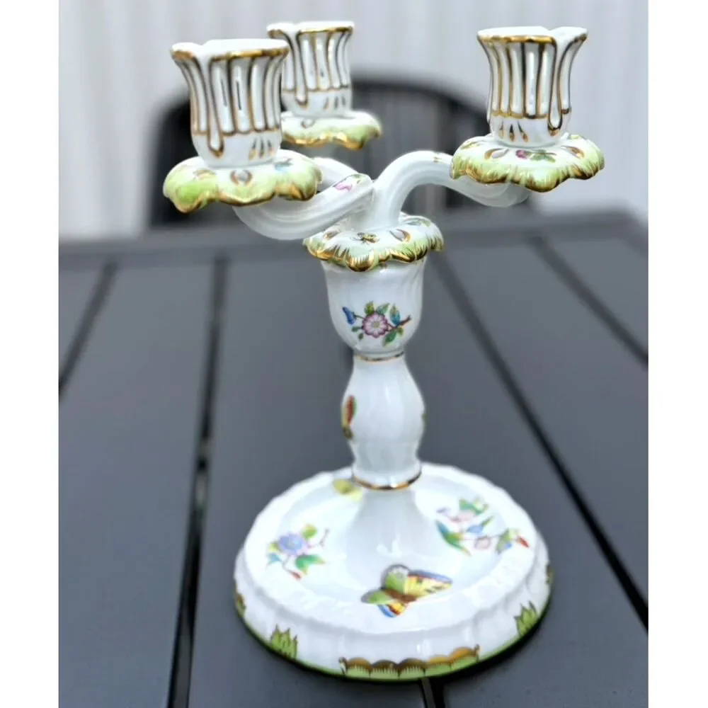 VTG Herend Queen Victoria Green Border Floral Butterfly Triple Candlestick SZ 9